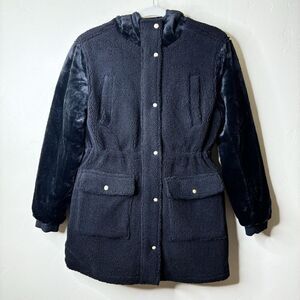 Eden Society Coat Sz S Black Sherpa Faux Fur Hood/Arms Utility Cargo Cinch Waist